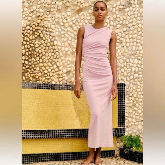 Zara Pink Sleeveless Ruched Maxi Dress Size Medium Elegant Evening - Picture 1 of 10